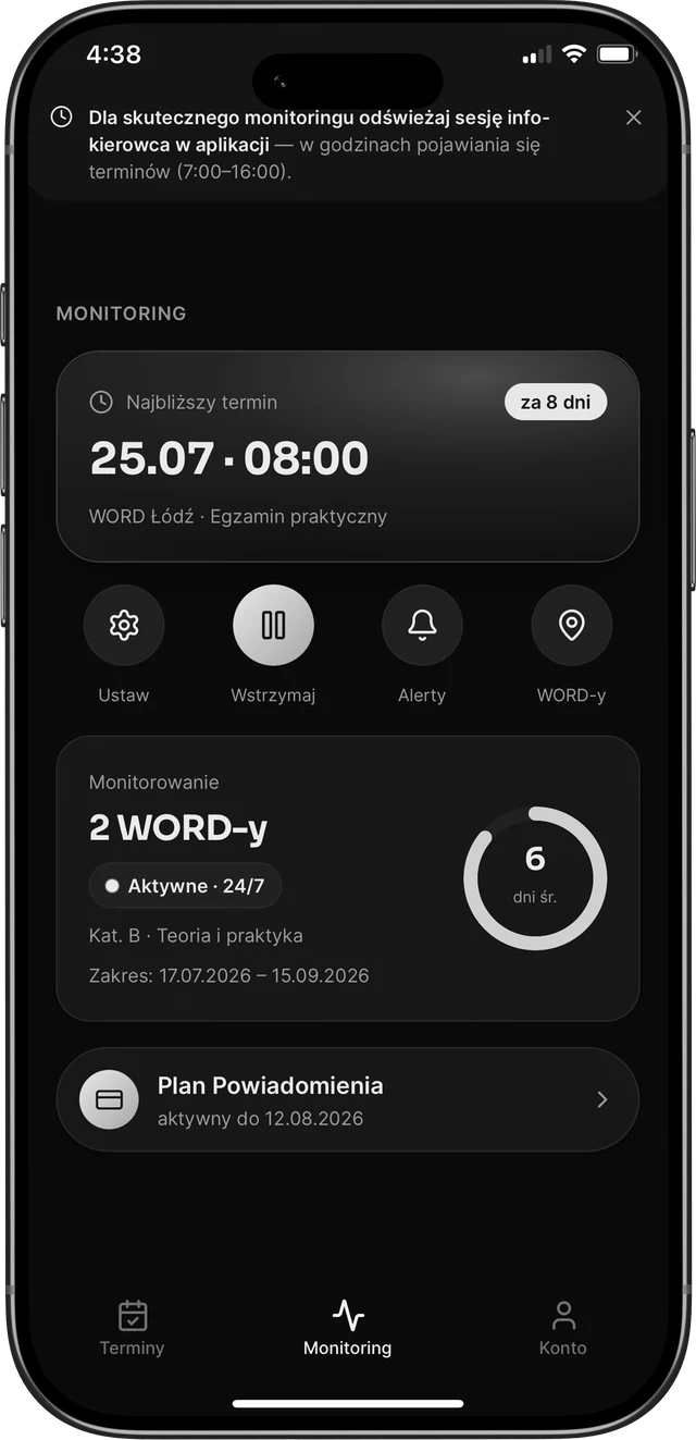 Aplikacja mTermin: powiadomienie o wolnym terminie egzaminu i najbliższy termin w monitorowanym WORD